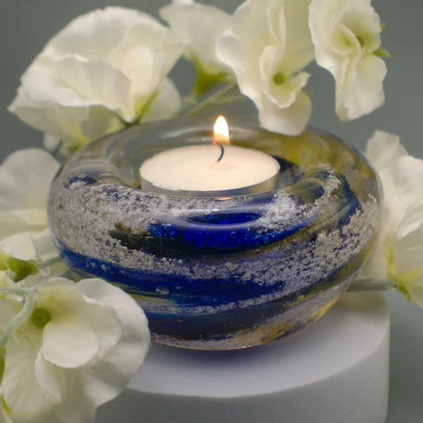Ashes to Glass Candle Holder-Cremation Ashes Glass-Stuart Wiltshire Glass Outlet-Royal Blue & Gold with Ashes-Stuart Wiltshire Glass Ltd