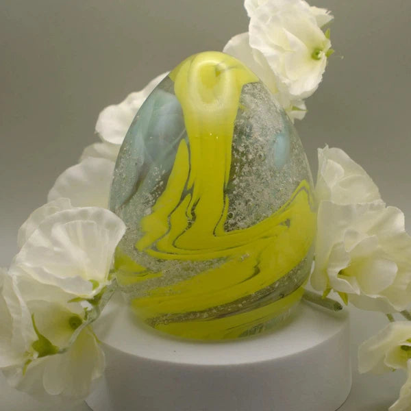 Ashes to Glass Oval Paperweight-Cremation Ashes Glass-Stuart Wiltshire Glass Outlet-Lemon Yellow & Turquoise with Ashes-Stuart Wiltshire Glass Ltd