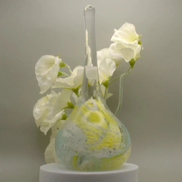 Ashes to Glass Ring Stand-Cremation Ashes Glass-Stuart Wiltshire Glass Outlet-Lemon Yellow & Turquoise with Ashes-Stuart Wiltshire Glass Ltd